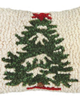 The Faire Christmas Mini Pillows are rectangular, cream-colored hand-hooked pillows featuring a green Christmas tree with snowy white accents and a red topper.
