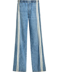 The ftwt logan pull on track by Rag & Bone are blue cotton-blend jeans with a relaxed straight fit, elastic waistband, and two vertical white stripes down the front of each leg.