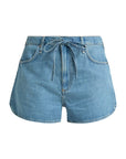 The Rag & Bone uftwt nolan short features light blue denim, drawstring waist, belt loops, side and back pockets, visible stitching, and a relaxed five-pocket design.