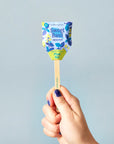 A hand with blue nail polish holds a Faire Garden Seed Pop on a wooden stick against a light blue background. The colorful packaging, ideal for seed starting, features leaves and text that says "Plant Me!".