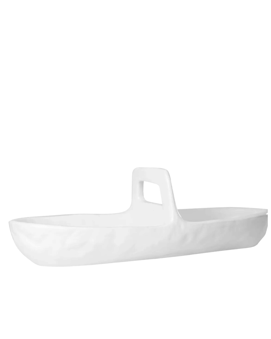 The 4774 Appetizer Platter NO. 774 by Montes Doggett is a white, elongated ceramic serving dish featuring a textured surface and a central vertical handle. Handmade using traditional techniques, this dish showcases a modern, minimalist design and is perfect for versatile trays to serve or display food items.