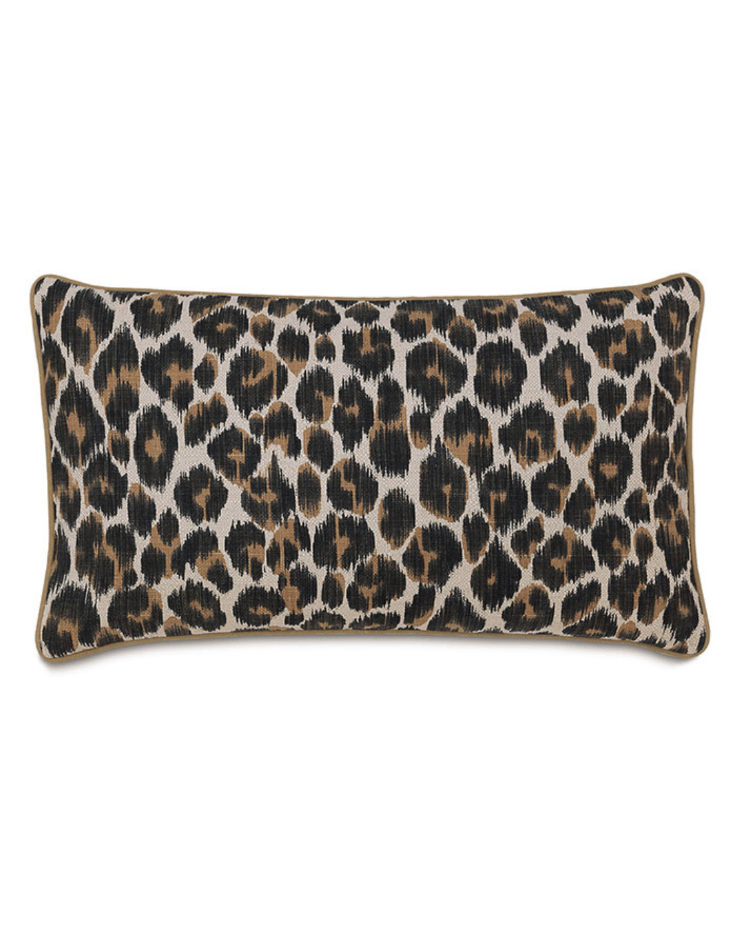 Rectangular Gira Spot pillow featuring a leopard print pattern with an elegant gold trim on the edges, isolated on a white background, perfect for a Scottsdale Arizona bungalow by Eastern Accents.