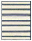 The Dockside Stripe Blanket by Faire features cream and navy blue stripes of varying thickness with a solid navy border, bringing a relaxed nautical style to any space.