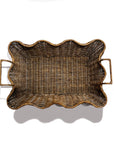 The Faire Small Scalloped Tray Brown, with wavy edges and dual handles, is shown from above on a white background—an elegant decorative accent for any room.