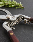 Close-up of Faire Thai Kitchen Garden Shears with wooden handles and sharp stainless steel blades, lying open on a dark surface. A sprig of rosemary rests nearby.