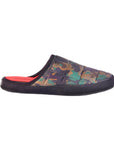 The Faire Coma Toes is a slip-on lounge slipper with a camouflage-patterned upper, black trim and sole, a bright red cushioned insole, and an open back for easy on-and-off comfort at home.