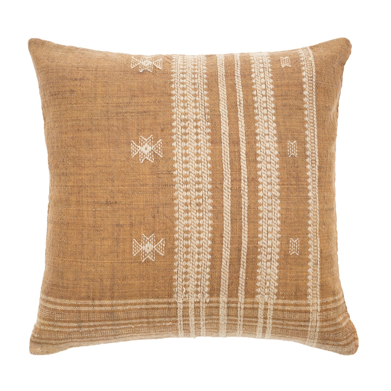 The Bhujodi Wool Pillow by Indaba is a square, 20-inch brown pillow crafted from wool, showcasing decorative cream patterns with stripes and geometric designs. Its woven texture and symmetrical patterns lend an artisanal touch.