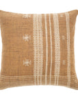 The Bhujodi Wool Pillow by Indaba is a square, 20-inch brown pillow crafted from wool, showcasing decorative cream patterns with stripes and geometric designs. Its woven texture and symmetrical patterns lend an artisanal touch.