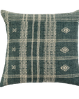 The Bhujodi Wool Pillow by Indaba is a 20-inch decorative cushion with a dark green background, cream geometric patterns—lines, diamonds, and crosses—and textured woven stripes for added visual appeal.