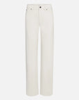 The Saturday Jean by FRAME: white, low-rise straight-leg jeans in 100% cotton rigid denim with five pockets, belt loops, and a front button-zip closure. Shown on a plain white background.