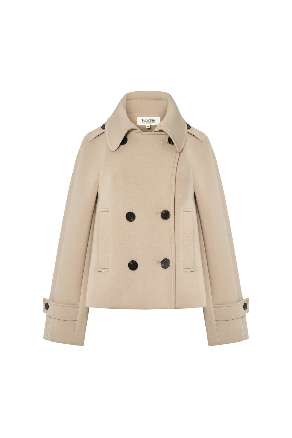 The Psophia Cropped Blazer Jacket features a beige, double-breasted design with black buttons, front pockets, wide collar, and buttoned cuffs, highlighting modern tailoring against a white background.
