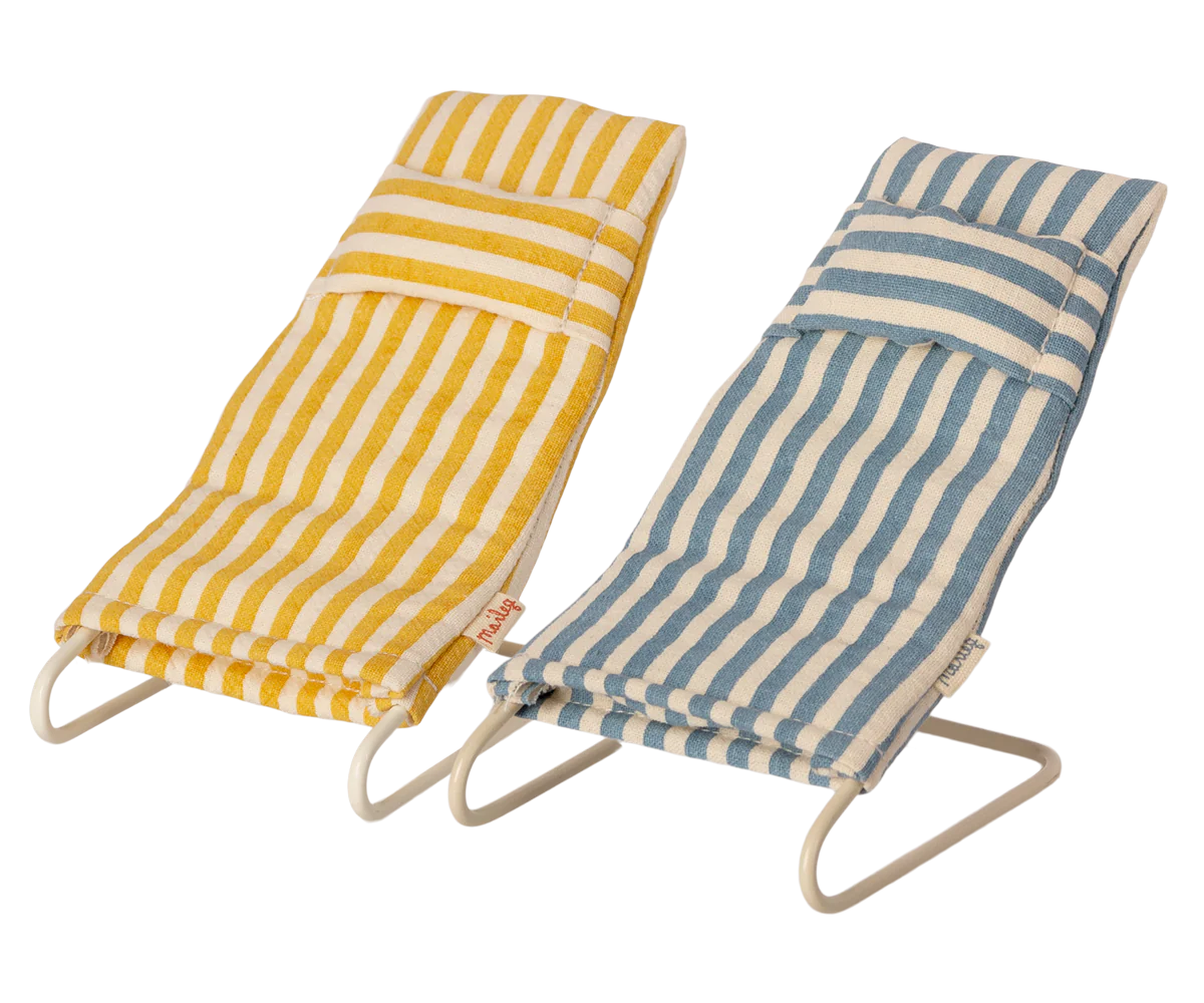 Maileg Furniture by Maileg features two miniature lounge chairs with yellow-white and blue-white striped fabric on white metal frames—perfect dollhouse furniture for Maileg Mouse, displayed side by side on a white background.