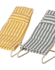Maileg Furniture by Maileg features two miniature lounge chairs with yellow-white and blue-white striped fabric on white metal frames—perfect dollhouse furniture for Maileg Mouse, displayed side by side on a white background.