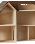 A wooden, two-story dollhouse with a peaked roof and natural wood tones is perfect for adding Maileg Furniture by Maileg or your favorite dolls to its multiple empty rooms.
