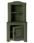 Green vintage-style wood cabinet with open door and shelves by Maileg, perfect for Mouse Hole Farmhouse décor.