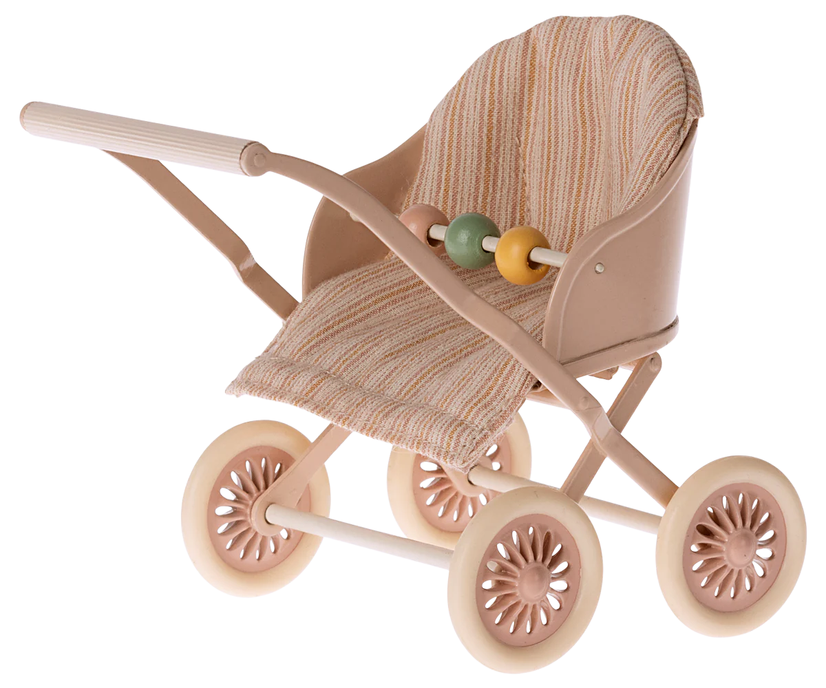 Maileg Furniture by Maileg: A small toy stroller with beige and pink tones, four decorative wheels, a striped seat, and three colorful beads—perfect for Maileg Mouse dollhouse play.