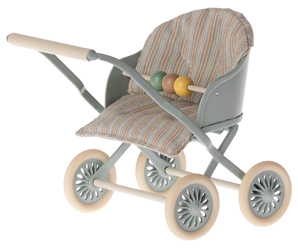 The Maileg Furniture toy stroller by Maileg features a striped fabric seat, pastel green frame, four cream wheels, and colorful beads—perfect as dollhouse furniture or for your Maileg Mouse’s imaginative play.