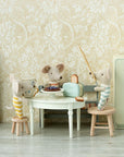Three toy mice gather around a table with a cake in the vintage-style Mouse Hole Farmhouse kitchen, surrounded by pastel furniture, patterned wallpaper, tiny kitchen accessories, and the Maileg Toaster by Maileg with toasted bread.