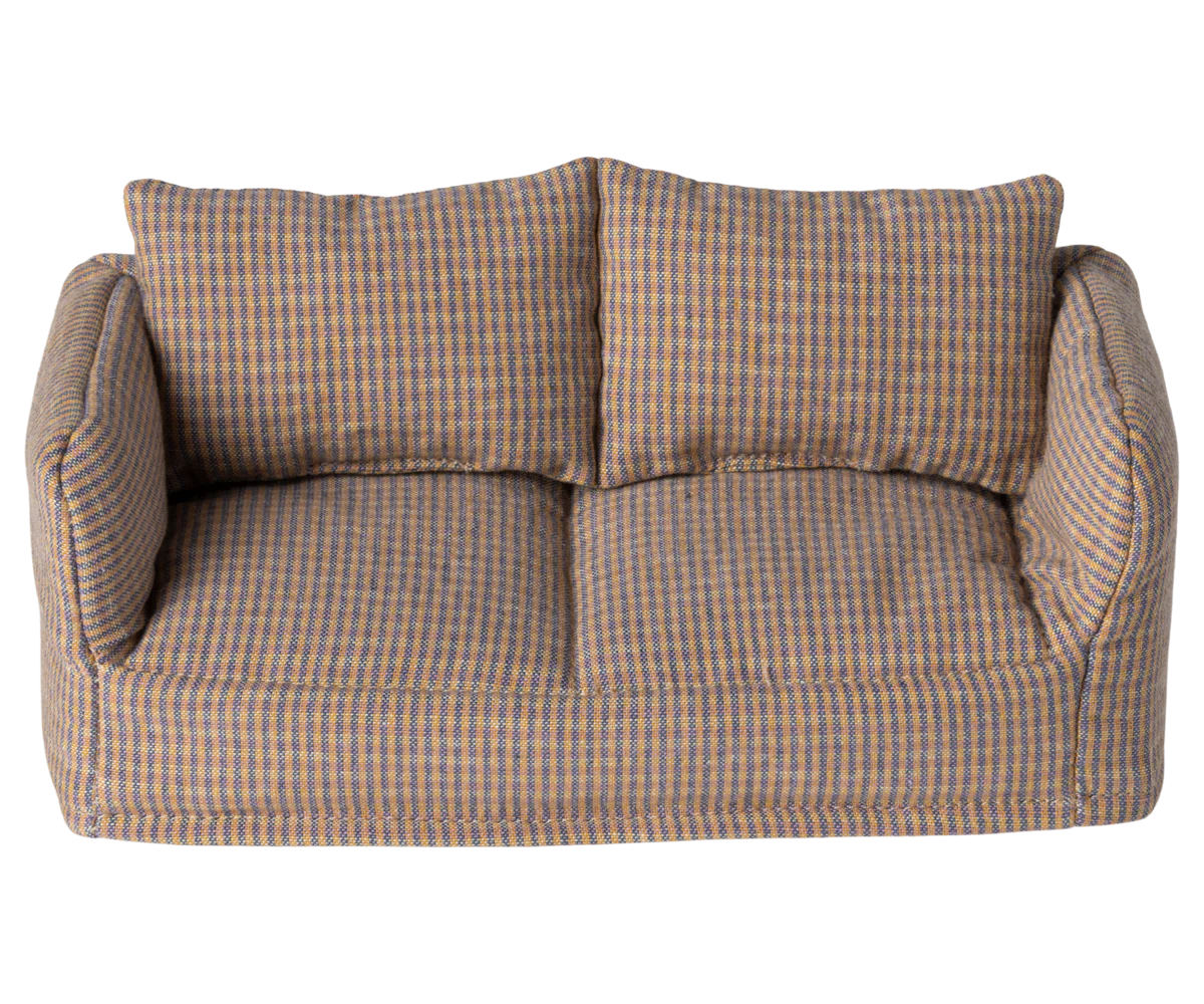 The Maileg Furniture sofa by Maileg features a checkered beige, blue, and brown fabric with two back cushions and enclosed sides—ideal dollhouse furniture for your Maileg Mouse or to enhance your adorable collection.