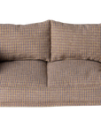 The Maileg Furniture sofa by Maileg features a checkered beige, blue, and brown fabric with two back cushions and enclosed sides—ideal dollhouse furniture for your Maileg Mouse or to enhance your adorable collection.
