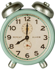 This cute mint green vintage alarm clock from Maileg Furniture by Maileg shows 8:00, with silver bells and "REPEAT" and "ALARM" printed on the face—perfect for dollhouses or a Maileg Mouse setup.