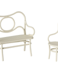 Cream bench and chair set with wavy backs by Maileg, perfect for Brother & Sister mice dollhouse furniture.