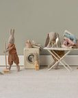 Maileg Broom Set in play, with stuffed rabbits sweeping in a cozy miniature home scene.