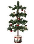 The Maileg Furniture artificial Christmas tree by Maileg features sparse green branches with red ornaments and mushrooms in a round patterned base, making it perfect for Maileg Mouse doll house decor.