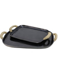 The Chi Chi Tray Small by The Import Collection, a black decorative tray with rounded corners and jute-wrapped handles, sits stacked atop a matching larger tray. Both are displayed against a white background for transitional style.