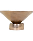 The Import Collection's Vivar Bowl features a wide, shallow metallic bronze conical design on a short cylindrical base—an eye-catching gold aluminum pedestal perfect for modern home decor.
