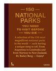 Book cover with a brown background and gold text: "150 National Parks You Need" by Simon & Schuster Inc., featuring a travel guide to breathtaking national parks worldwide.