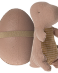 A soft, light brown Maileg Mouse plush toy with a striped belly stands beside a matching egg-shaped container—perfect for expanding your Maileg collection.