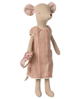 The Maileg Medium Mouse, Nightgown by Maileg is a soft, cuddly doll in a pink and beige striped nightgown, holding a small pillow—your perfect bedtime companion—shown standing against a plain white background.