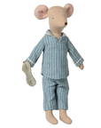 The Maileg Medium Mouse, Pyjamas by Maileg features a cuddly plush mouse in blue and white striped pajamas, holding a pillow—an ideal bedtime companion on a plain white background.