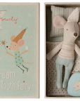 The Maileg Tooth Fairy Mouse gift box by Maileg features a mouse illustration on the lid and includes a plush crowned mouse, crocheted blanket, magic wand, and a blue heart-shaped tooth box for keeping lost teeth safe.