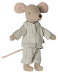 The Maileg Big Brother Mouse by Maileg stands upright in striped pajamas, featuring soft fabrics, large round ears, and a long tail—perfect for cuddling.
