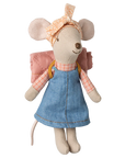 The Maileg Mouse by Maileg features a blue denim dress, pink plaid shirt, headband with bow, and pink backpack, plus stitched smile and floppy ears—an adorable addition to any mice family.
