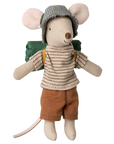 The Maileg Mouse by Maileg is a cute stuffed toy with large pink ears, a blue checkered cap, striped shirt, brown shorts, and a green backpack—an ideal addition to any mice family collection.