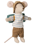 Maileg Hiker Mouse in striped shirt, brown pants, hat and backpack; Maileg toy by Bungalow Furniture & Accessories.