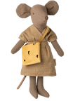 Maileg Mum Mouse in yellow checked dress holding cheese bag, Maileg doll, perfect for playrooms and nurseries.