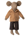 Maileg Dad Mouse doll wears a shirt and striped pants, by Maileg, displayed on a simple white background.