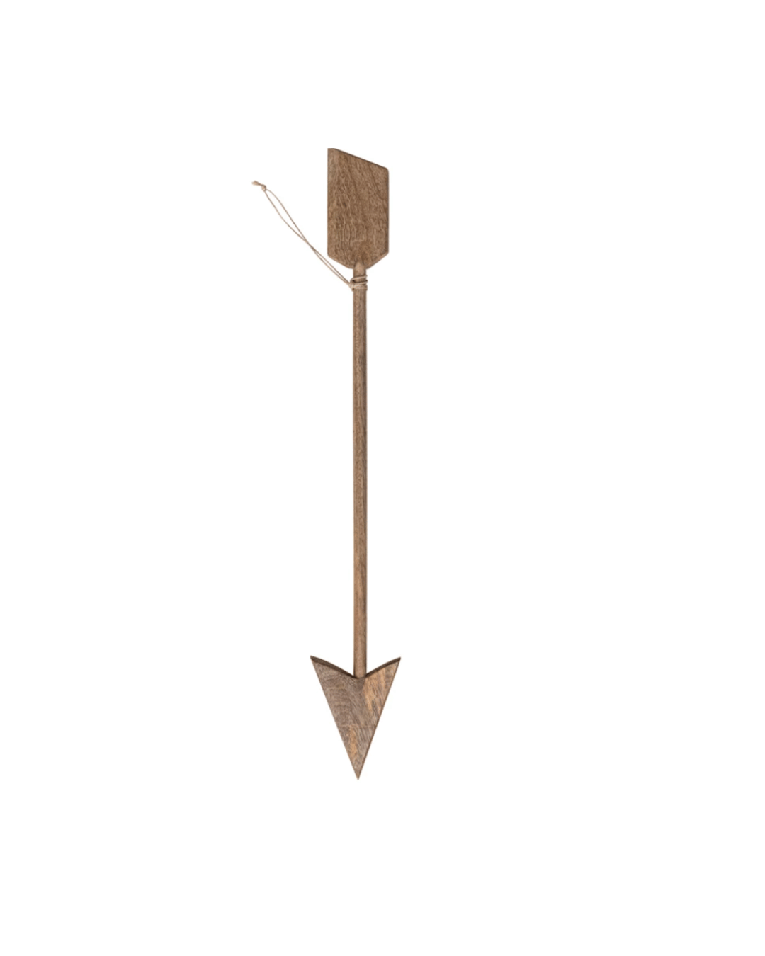 A vertical, textured Creative Co-op mango arrow sculpture with a square top and sharp pointed bottom, depicting the arrow pointing downward.