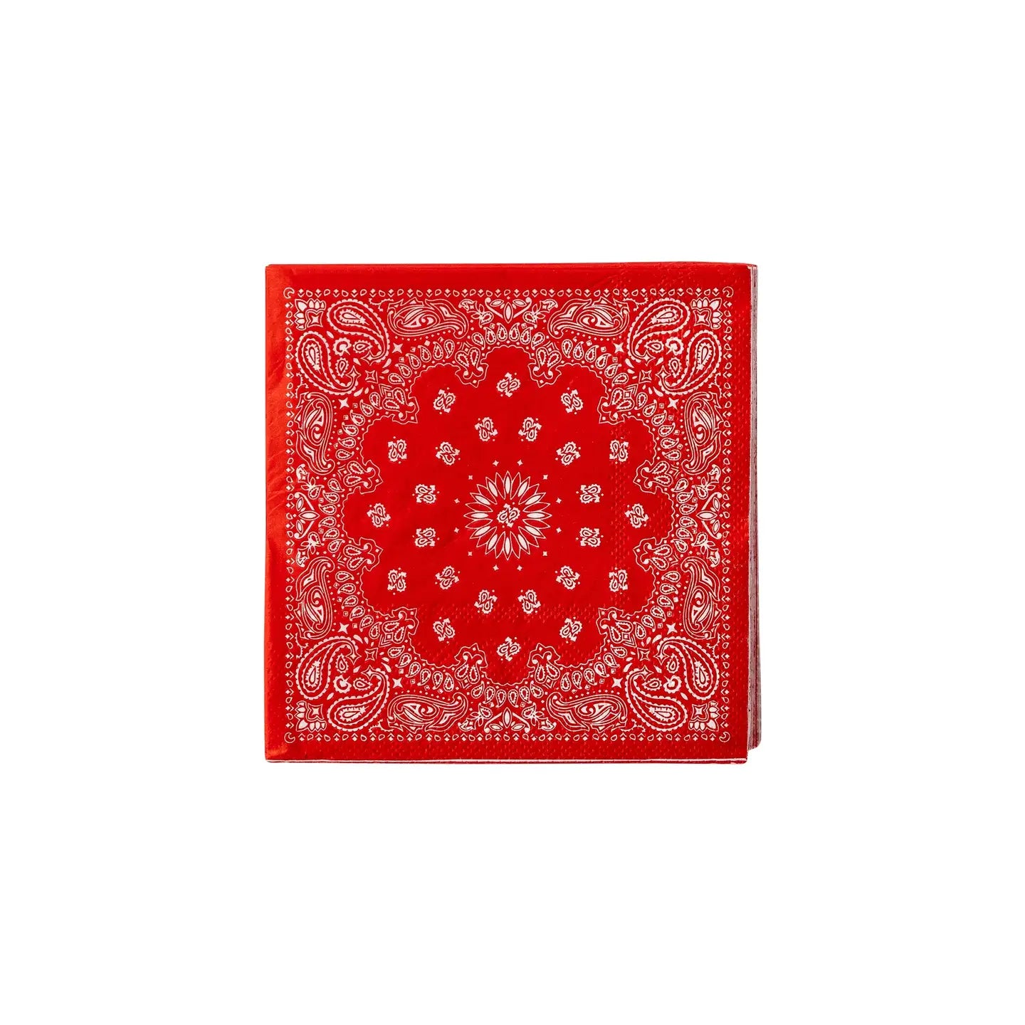 A MME Cocktail Napkin by Faire, featuring an intricate red paisley and floral design. Its symmetrical pattern includes a central circular element with repeating motifs along the edges.