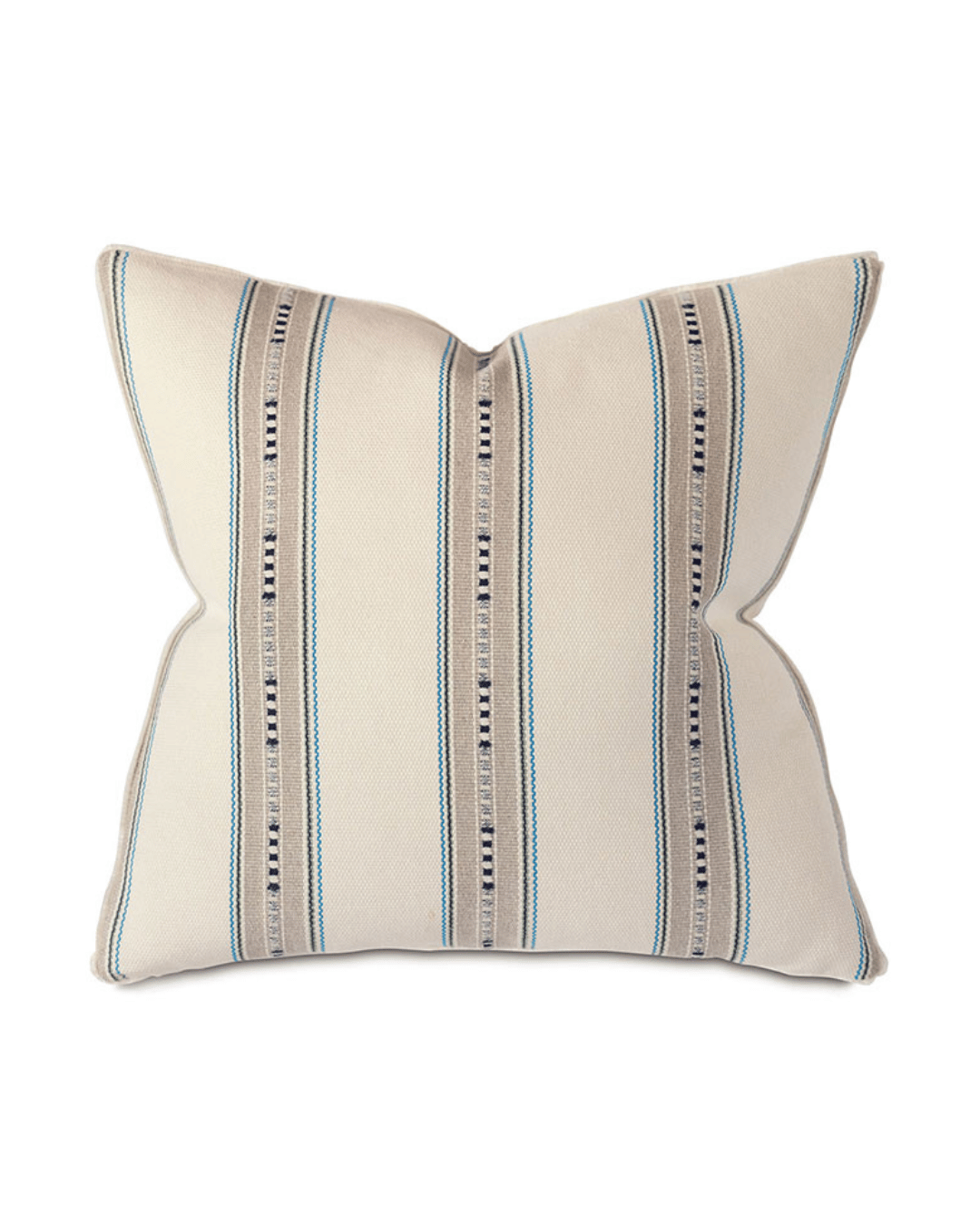 A decorative pillow with a cream base featuring horizontal stripes in neutral tones and subtle blue accents, designed in a Bungalow style with a unique X-shape contour, Eastern Accents EMERSON STRIPED EURO SHAM.