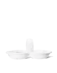 A Montes Doggett white ceramic serving dish designed in Arizona style, with three connected compartments and a handle in the center, against a plain white background.