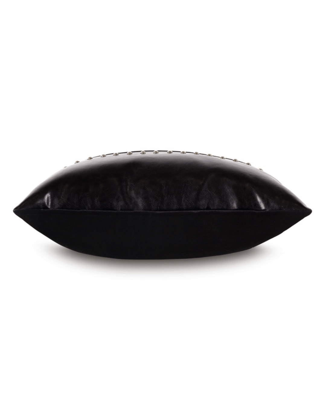 A black leather Nail Licorice Pillow, shaped like a large, flat almond, with stitched details along the edges and a Bungalow style, isolated on a white background by Eastern Accents.