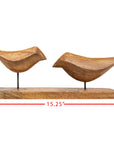 The Arlo Natural Wood Decorative Birds by Faire feature two hand-carved mango wood birds on a 15.25" rectangular base, with the left bird standing 6.25" tall—ideal boho decor accent, with red lines marking dimensions.