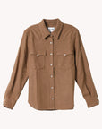 The BCS Group Lumber L/S Shirt is a brown, long-sleeve cashmere button-up with two chest pockets and a classic collar, true to size and shown on a white background.