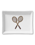 The Faire Ceramic Tray is a rectangular white ceramic piece featuring crossed vintage tennis rackets—ideal for organizing small items or gifting.