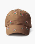 The Faire Ditsy Dahlia Baseball Cap features small, colorful embroidered flowers on a brown base with an adjustable strap—ideal for a Garden Party. Shown on a plain white background.
